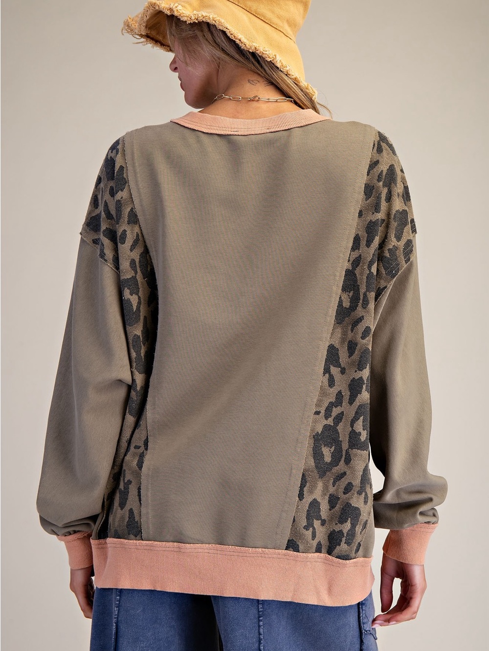 332. EASEL Olive Leopard-Panel Sweatshirt with Denim Appliqué - Picture 2 of 2